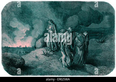 Distruzione di Sodoma e di Gomorra zolfo e fuoco. Lot e la sua famiglia sono risparmiati, ma sua moglie, girare la testa indietro, Foto Stock