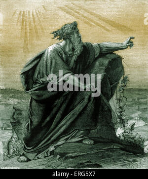 Mosè la visualizzazione della terra promessa da Pisga, Monte Nebo. Il Deuteronomio, capitolo XXXIV. Versione oscurata. Foto Stock