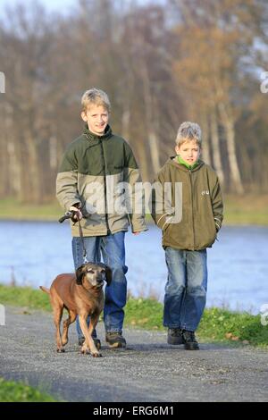 bambini a piedi un cane Foto Stock