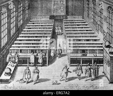 La Biblioteca Universitaria a Leiden, Olanda, nel xvii secolo da una incisione olandese dopo l'originale olio 1610 Foto Stock
