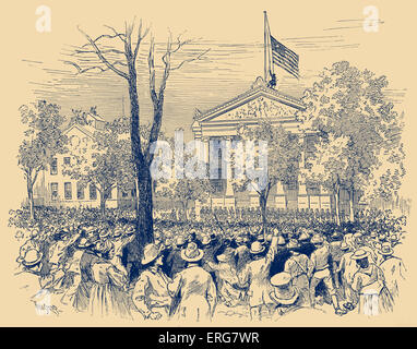 Occupazione di New Orleans, la Guerra Civile Americana, 1862. Forze dell'Unione tirando verso il basso la Louisiana State flag presso il Municipio. Foto Stock