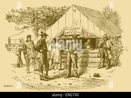 Sutler 's tenda, Guerra civile americana, 1861-1865. Sutlers (noto anche come victualers) venduti disposizioni in campo militare. Foto Stock