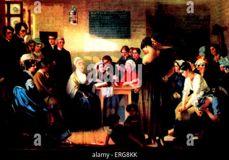 Elizabeth Fry leggendo la Bibbia ai prigionieri in Newgate da Jerry Barrett, 1816. Prigione inglese reformer, filantropo e Foto Stock