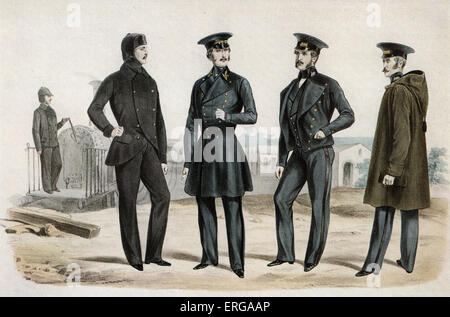 Uniformi del personale, Saint-German e stazione ferroviaria di Versailles, 1840: driver, mechanician, ispettore dei servizi di trazione, e altri due Foto Stock