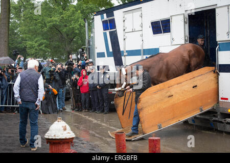 Elmont, New York, Stati Uniti d'America. 2 Giugno, 2015. Trainer BOB BAFFERT guarda come 2015 Belmont Stakes speranzoso AMERICAN PHAROAH, arriva a Belmont Park, questo pomeriggio, martedì 2 giugno 2015. Credito: Bryan Smith/ZUMA filo/Alamy Live News Foto Stock