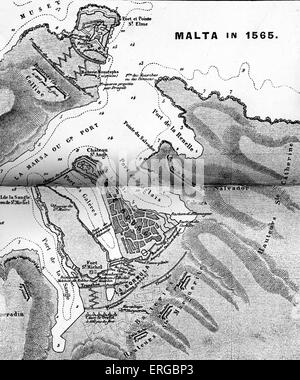 Mappa del porto di Malta, 1565. In 1551, barbari asservito di tutta la popolazione dell'isola di Malta Gozo.Essi Foto Stock