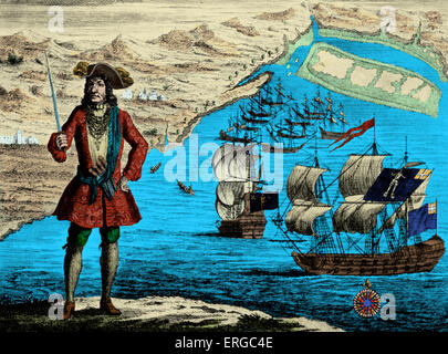 Capitano Bartholomew Roberts con due navi, "Royal Fortune " e " il Ranger' sulla costa di Guinea' incisione di cole di b. CBR: buccaneer gallese noto come Black Bart (anche se non nella sua vita), egli è stato un grande successo come un pirata dei Caraibi. Data di nascita c. 17 maggio 1682 - 10 febbraio 1722. Foto Stock