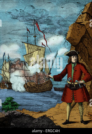 Il capitano John AVERY, incisione. La didascalia recita "capitano John Avery tenendo il Gran Mogul 's nave". Il pirata, John Avery e il suo equipaggio, catturata l'imperatore con dossi Aurangzeb 's più grande nave, la Ganj-i-Sawai e la sua nave escort, il Fateh Muhammed, nell'Oceano Indiano. JA: (Avary, Henry ogni, Capitano Bridgeman, lunga ben) buccaneer inglese, attivo c. Giugno 1694 a settembre 1695. Foto Stock