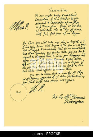 Autograph: Guglielmo III, 1689. Istruzioni per l'Ammiraglio Arthur Herbert sulle misure da prendere se l' ex re Giacomo II è catturato in mare. Il 16 marzo 1689. Fonte: British Museum. Foto Stock