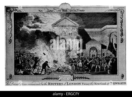 Newgate Prison sul fuoco durante i tumulti di Gordon , Londra, 1780. Anti-Catholic protesta contro la Papists Act 1778 che rimosso Foto Stock