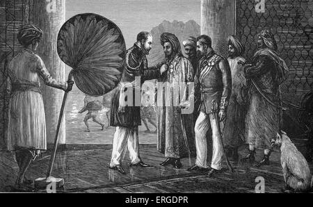 Il Principe di Galles decorare il sultano di Lahej a carico (giorno moderno Yemen) durante il suo viaggio in India nel 1875. Da un disegno Foto Stock