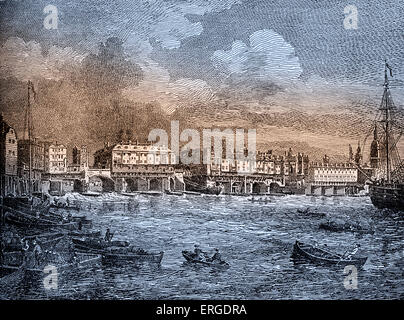 London Bridge, London, 1760 - Vista del fiume Tamigi, Riverside edifici e barche. Foto Stock