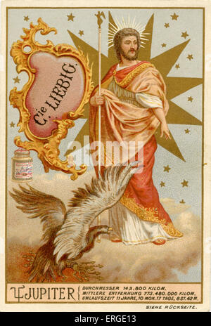 Corpi celesti. Giove e simbolo astrologico. Traduzione: 'Diameter: 4.900 km. Orbita: 57,550,000 km. Tempo di orbita: 11 Foto Stock