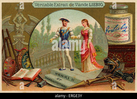Enrico II di Francia (1519-1559) e Diane di Poitiers (1499 - 1566) didascalia recita: 'Henri II et Diane de Poitiers'. Scheda di Liebig Foto Stock