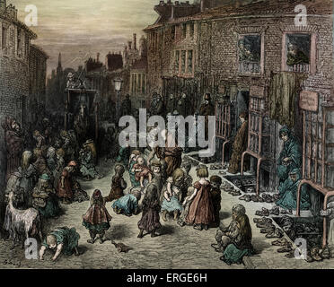Victorian London street con i bambini in Covent Garden, Seven Dials, Dudley Street. Incisione di Gustave Doré, da 'London, un Foto Stock