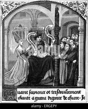 Boezio prende il difensore di Dame filosofia. Allegoria, dalla miniatura del 'consolazione di Boezio', tradotto da Jean de Meung nel xv secolo manoscritto (Biblioteca di M. Ambroise Firmin-Didot). B: Anicius Manlius Severinus Boezio, Roma- nato il filosofo della prima metà del VI secolo, ca. 480-524 o 525 annuncio. Foto Stock