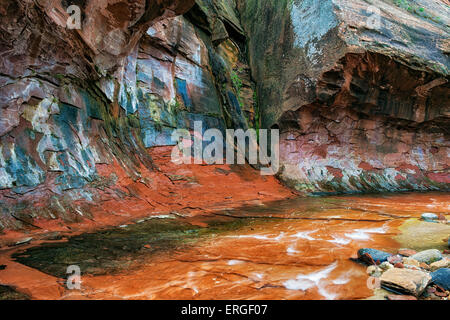 La forcella ad ovest di Oak Creek precipita attraverso la Coconino National Forest e queste colorate pareti del canyon vicino a Sedona, in Arizona. Foto Stock