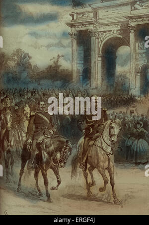 Napoleone III e il re Victor-Emmanuel entrano a Milano, Giugno 1859. Austrian sconfitta nella Battaglia di Magenta (4 giugno) a led Foto Stock