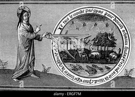 "Dio la creazione del mondo da parte di Compass' - dalla miniatura in Brunetto Latini di 'Trésor', del XV secolo. Foto Stock