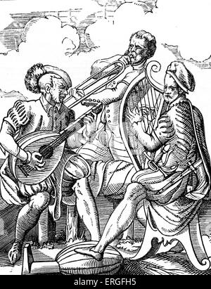 Musicisti tedeschi la riproduzione di liuto e chitarra - da incisione di J Amman, del XVI secolo. Foto Stock