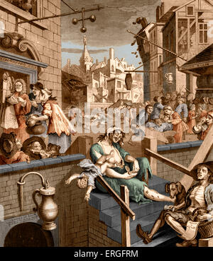 Il Gin Lane - caricatura di William Hogarth, circa 1750. WH: il pittore inglese e artista, 10 novembre 1697 - ottobre 1764. Foto Stock