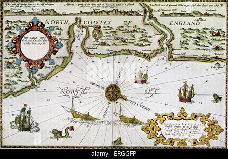 Mappa della costa nord di Inghilterra in 'Il Mariner's Mirror' da Wagenar - Pagina del titolo. Pubblicato 1588. (A pieno titolo: " Foto Stock