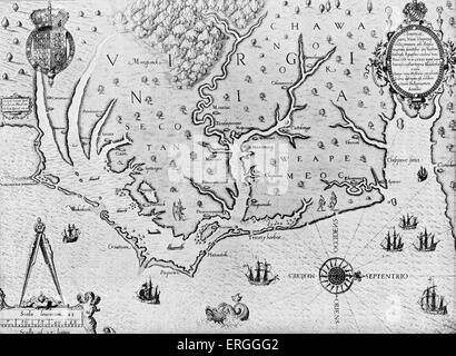 Mappa di Virginia in De Bry 's 'Grand Voyages', parte I. pubblicato 1590, Francoforte. Foto Stock