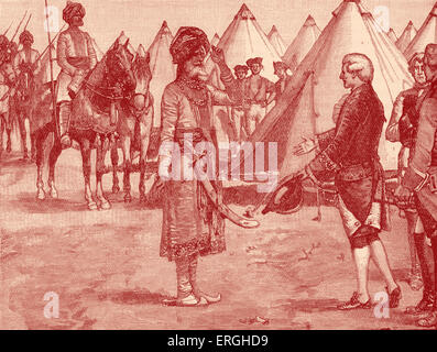 Shah Alam II, grande di Mughal, sovrano di Hindustan, entrando nel campo inglese, 1764. Firma del trattato per garantire la sua Foto Stock