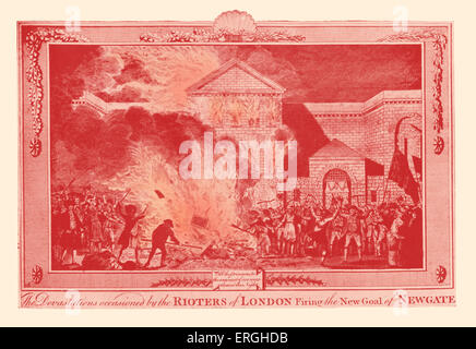 Newgate Prison sul fuoco durante i tumulti di Gordon , Londra, 1780. Anti-Catholic protesta contro la Papists Act 1778 che rimosso Foto Stock