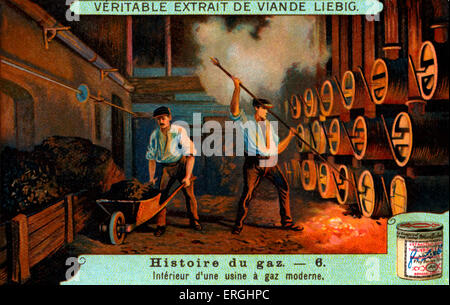 La storia di Gas: una moderna lavori gas' interno. Illustrazione del 1921. Liebig estratto di carne card da collezione serie. (Francese: Foto Stock