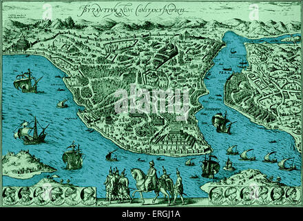 Mappa di Costantinopoli - in "Civitas Oreis Terrarum" da Braun e Hogenberg. Prenota 1: 1574 - 1618. Il giorno moderno Istanbul, Turchia. Foto Stock