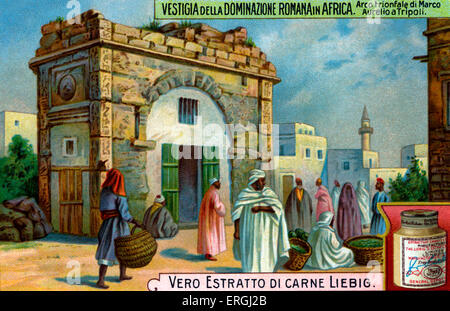 Marco Aurelio Arco Trionfale, Tripoli, Libia. Illustrazione da Liebig card da collezione serie 'resti dell'Impero Romano in Africa' (italiano: "le vestigia della dominazione romana in Africa'). 1914. Foto Stock