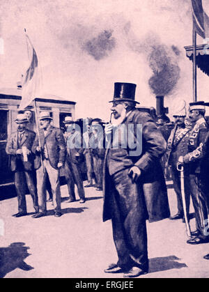 Il presidente Paul Kruger la visione di arrivo del primo convoglio ferroviario a Bocksburg, Repubblica Sudafricana (Transvaal), 1888. Stephanus Foto Stock