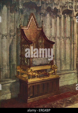 L incoronazione sedia, con la pietra di Scone, nell'Abbazia di Westminster, all'incoronazione di Geroge VI, 1936. Il sedile che tutti Foto Stock