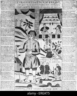 L'ebreo errante - illustrato lamento. Xix secolo incisione dall inizio del XIX secolo, copiati da un'immagine da Orléans del XVIII secolo. Stampati a Le Mans, Francia, mediante Le Loup. Didascalia: "vero ritratto dell'ebreo errante, come egli si era visto passando per Avignon il 22 aprile 1784. Nuovo lamento, a una caccia tune'. Francese: 'Le vrai Portrait du Juif errante, tel qu'on l'un vu passer à Avignon, le 22 avril 1784. COMPLAINTE NOUVELLE sur onu air de chasse'. Foto Stock