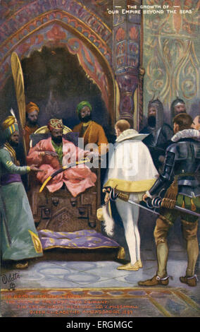 Sir J Mildenhall ricevuto da Akbar il grande. Nei primi anni del XX secolo illustrazione immaginando la prima riunione dell'India orientale Foto Stock