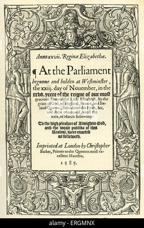 Titolo pagina per atti del Parlamento, 1598. Stampato in Londra da Christopher Barker. Foto Stock