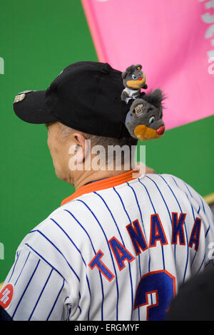 Un anziano giapponese orologi uomo un gioco di casa sua squadra di baseball- l'Hokkaido Nippon Ham Fighters, in corrispondenza della Cupola di Sapporo Foto Stock
