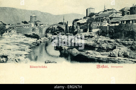 Mostar Ponte Vecchio (Stari Most) - Cartolina dai primi 1900s. Mostar è situato sulle rive del Neretva, in Bosnia e in Foto Stock