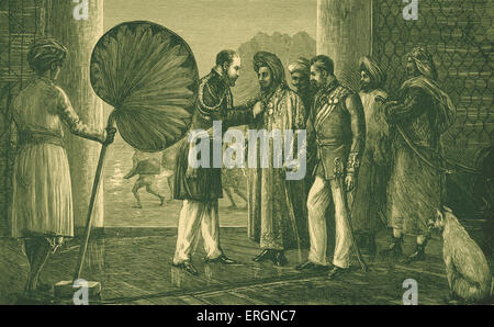 Il Principe di Galles decorare il sultano di Lahej a carico (giorno moderno Yemen) durante il suo viaggio in India nel 1875. Da un disegno Foto Stock