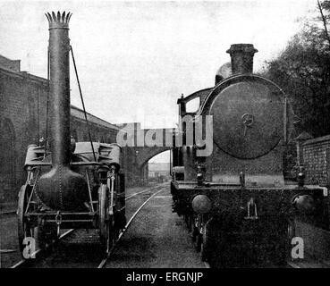 Stephenson's Rocket . La foto mostra una full size modello di Robert Stephenson's Rocket accanto a un motore del George il quinto Foto Stock