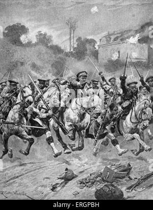 La battaglia di San Quintino, Francia. 'Scarica tirrup' del Royal Scots Grey e i montanari, 30 agosto 1914. Dopo la verniciatura Foto Stock