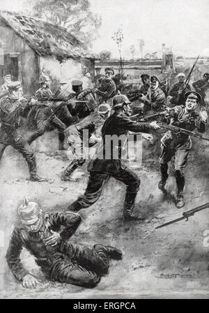 Feriti soldati britannici, Yorkshire fanteria leggera, carica a soldati tedeschi. Foto Stock
