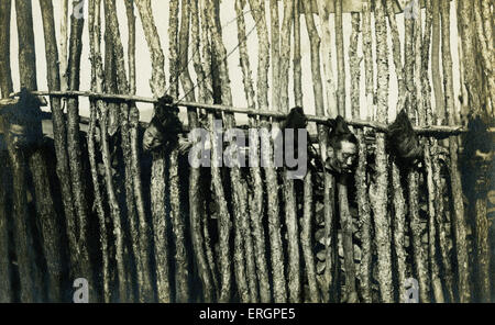 Rivoluzione in Hankow / Hankou, 1911. Decapitato capi rivoluzionari cinesi appendere per i capelli da un polo. Foto Stock