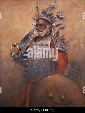 Rewa guerriero vestito di corazza e tenendo una spada e scudo. Un soldato da Rewa, Rewah o Riwa, in India Centrale. Foto Stock