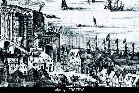 Il Southwark fine del vecchio ponte di Londra , 1616. Incisione di J. Visscher Foto Stock