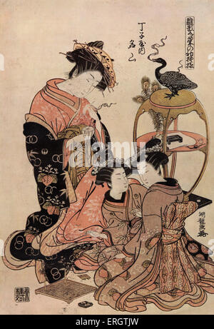 Cortigiana giapponese in kimono avente una tazza di tè - Due giovani ragazze giapponesi dal suo lato, inginocchiati sul pavimento. Stampare da Isoda Foto Stock