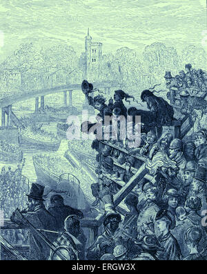 Oxford e Cambridge boat race - con le barche passando sotto Putney Bridge, Londra. Uomini, donne e bambini proteso oltre il ponte e il tifo. Violino e banjo player divertente folla. Incisione di Gustave Doré. "Di Londra, un pellegrinaggio", da Gustave Doré e Blanchard Jerrold, Londra 1872. Foto Stock