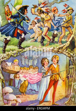 'Peter Pan e Wendy' da James Matthew Barrie. Redskins attaccato da Capitan Uncino e i pirati. Peter Pan e i bambini Foto Stock