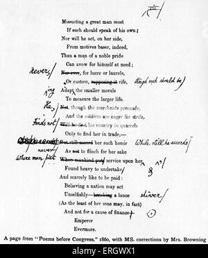 "Poesie prima del Congresso' da Elizabeth Barrett Browning. 1860. Con il suo manoscritto correzioni. EBB: Inglese poeta Vittoriano, 6 marzo 1806 - 29 giugno 1861. Foto Stock